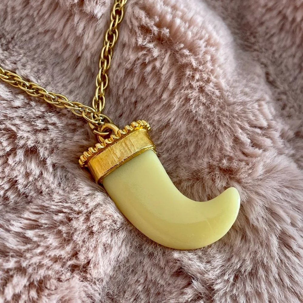 Vintage Faux Ivory Pendant with Long Gold Chain